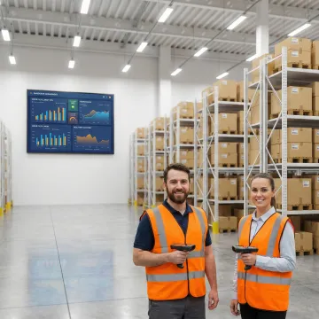 Warehouse control software dashboard displayed on screen in an active fulfilment centre