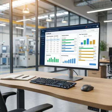 Manufacturing ERP dashboard showing order processing, production batches, and inventory tracking