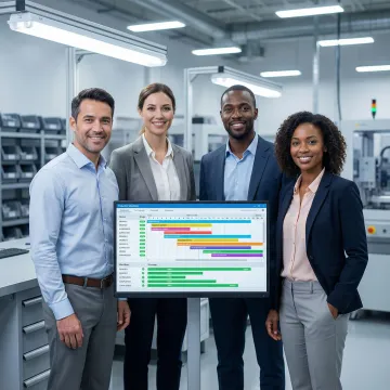 Operations team reviewing a custom production planning software interface on a computer screen