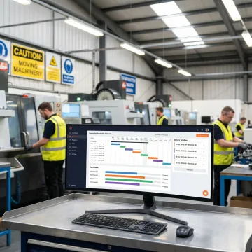 Production scheduling software dashboard showing batch management and planning timelines in a UK manufacturing facility