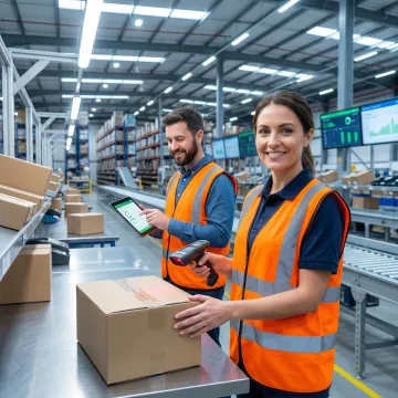 Warehouse team using automated fulfillment software on handheld scanners and workstations