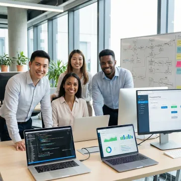 Software implementation team configuring a procurement system on laptops in a collaborative workspace