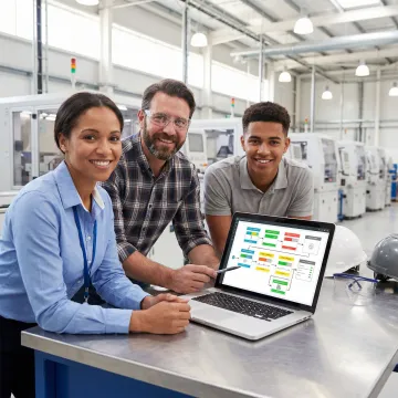 Operations team reviewing a custom production tracking workflow on a laptop in a manufacturing facility