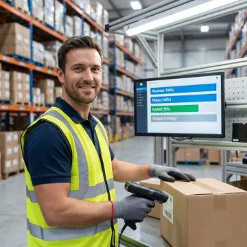 Warehouse operative using 3PL fulfillment software on a tablet during pick and pack operations