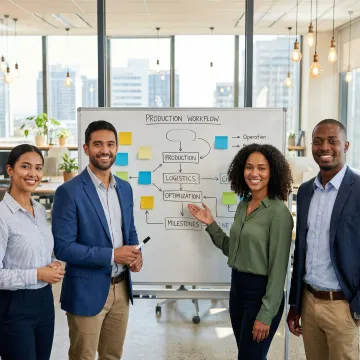 A team collaborating around a whiteboard mapping out a production management system workflow