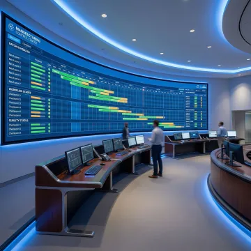 Production management system dashboard showing batch scheduling and workflow tracking on a monitor