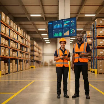 Custom warehouse management system software dashboard on a computer screen in an active warehouse
