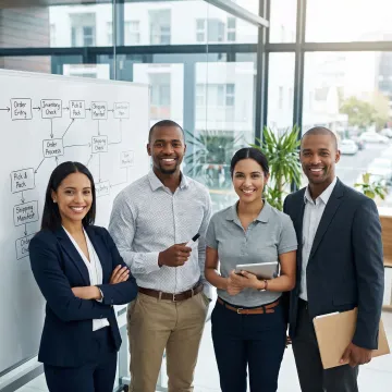 Software developers and warehouse operations team collaborating around a system design whiteboard