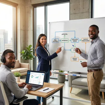 Team collaborating on procurement software workflow design on a whiteboard and laptop