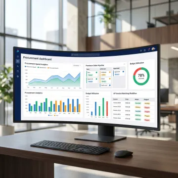 Procurement spend management dashboard showing purchase orders, budget tracking, and AP automation workflows