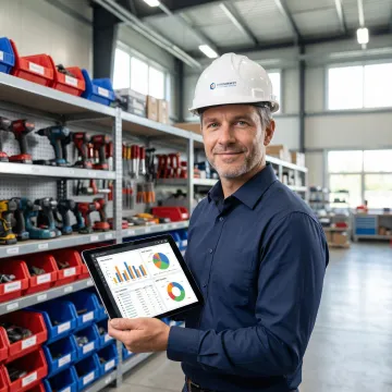 Operations manager using tool inventory software on a tablet in a warehouse