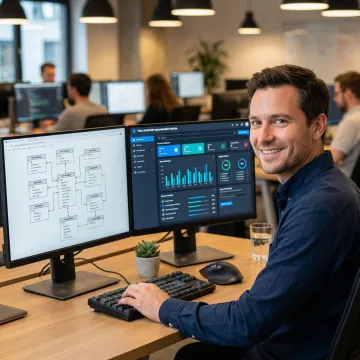 Software developer configuring a custom tool inventory system on a computer screen