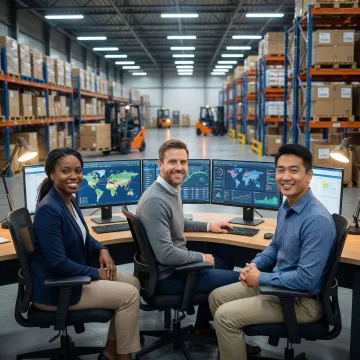 Operations team reviewing asset tracking software on multiple screens in a modern warehouse
