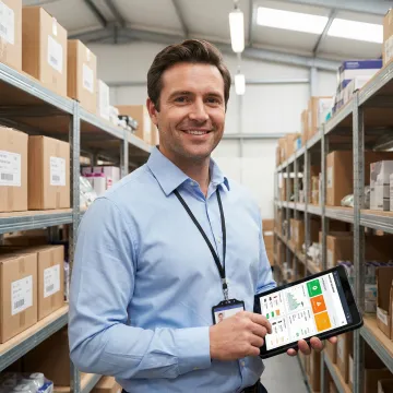 Retail store manager reviewing inventory levels on a tablet connected to a custom stock management platform