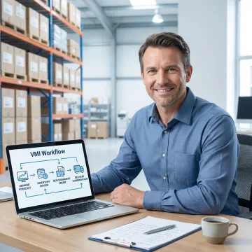 Supply chain manager reviewing a vendor managed inventory workflow on a laptop with warehouse shelving in the background