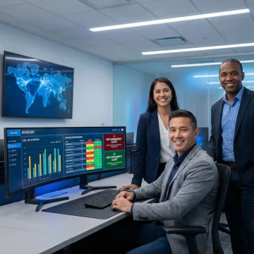 Operations team using a vendor managed inventory dashboard on a monitor showing real-time stock levels