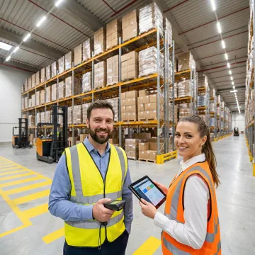 Modern warehouse with organised shelving, barcode scanners, and workers managing inventory on digital devices