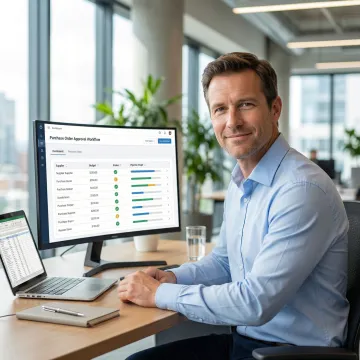 Operations manager reviewing purchase order approvals on a modern software dashboard
