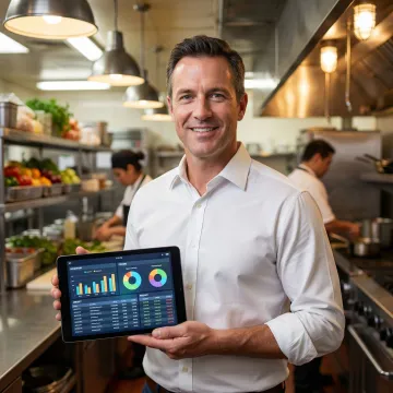 Restaurant procurement manager reviewing food purchasing software on a tablet in a commercial kitchen