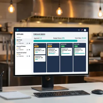 Step-by-step restaurant procurement workflow displayed on a software dashboard screen