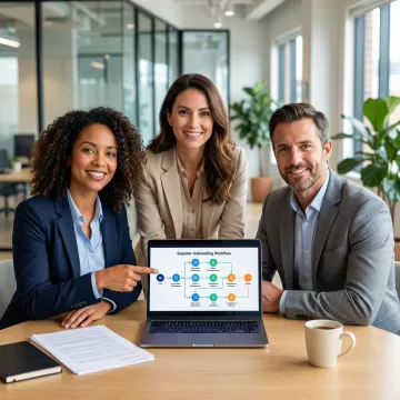 Operations team reviewing supplier onboarding workflow steps on a laptop during a planning session