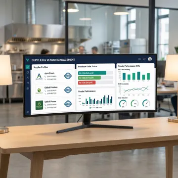 Food service supplier management software dashboard showing vendor performance and purchase orders