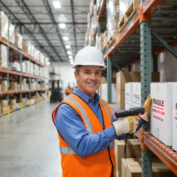 Warehouse worker scanning barcode on shelved inventory in a large logistics facility