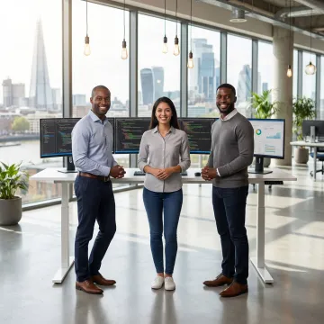 Full stack developers collaborating on a custom software project in a modern London office