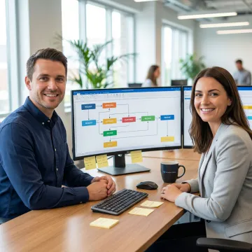 Software developer and operations manager reviewing a custom procurement system workflow on screen