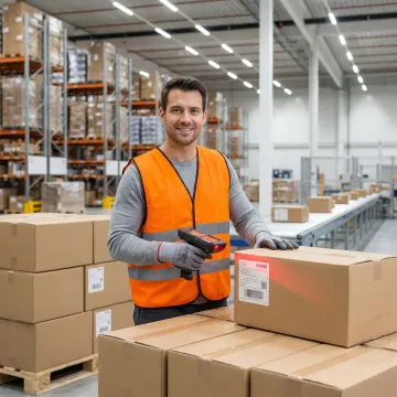 Warehouse worker scanning barcodes during order fulfillment and assembly process