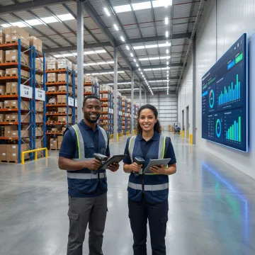 Warehouse team using a custom warehouse management system on a tablet during picking operations