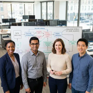 Software engineers reviewing an LLM development pipeline and deployment workflow on a whiteboard