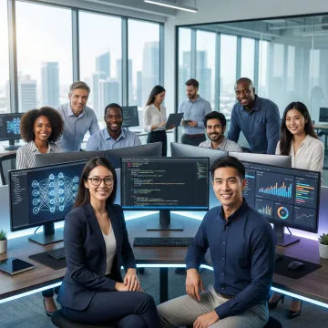 AI engineers collaborating on a custom large language model development project using multiple screens