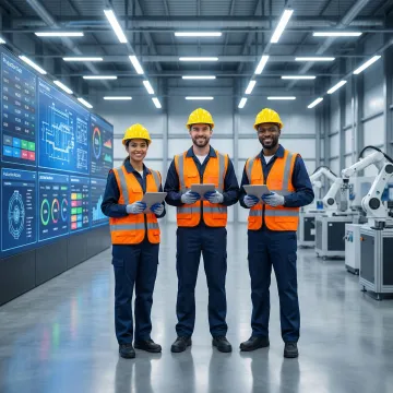 Make-to-order manufacturing floor with workers managing custom production orders on digital dashboards