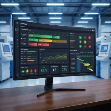 Custom production scheduling software dashboard showing batch management and order tracking