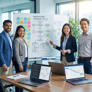 Development team reviewing a custom production scheduling system build process on screen