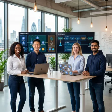 Cloud native internal developer platform consultancy team collaborating in a London office