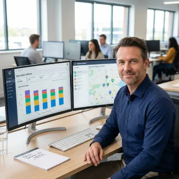 Operations team using custom subscription management software on a laptop and screen