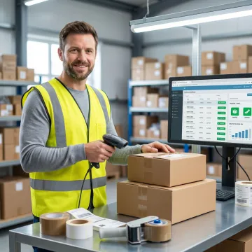 Fulfillment warehouse worker scanning packages at a modern pick and pack station with a digital operations dashboard on screen