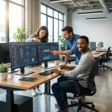 Custom software product development team reviewing a system architecture diagram on a large monitor