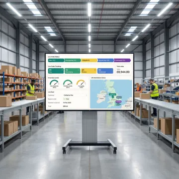 Warehouse management software dashboard showing UK fulfillment operations with real-time inventory tracking