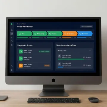 Order fulfillment software dashboard showing real-time order tracking and warehouse workflows
