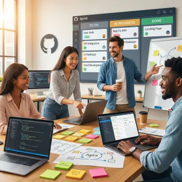 Agile software development team collaborating on a sprint board with code on screens
