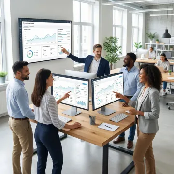 Enterprise application development team reviewing custom software dashboard on multiple screens