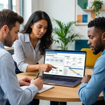 Operations team reviewing inventory forecasting implementation steps on a laptop