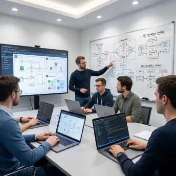 Development team collaborating on custom enterprise software architecture and workflow diagrams