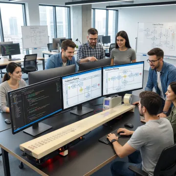 Software development team reviewing a production planning system build process on multiple screens
