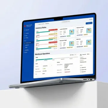 Cloud-based inventory management software dashboard showing real-time stock levels across multiple warehouse locations