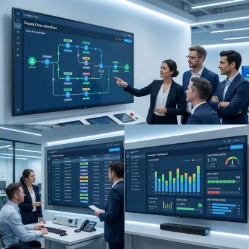 Operations team reviewing a live supply chain workflow on connected screens in a logistics hub