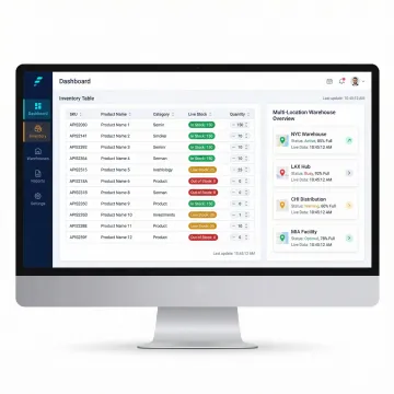 Custom stock control software dashboard showing real-time inventory levels across multiple UK warehouse locations